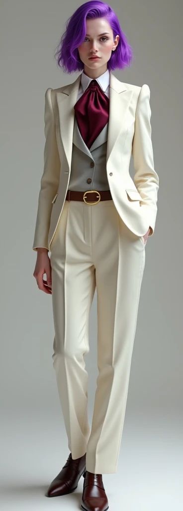 Age 20-25, female, pale skin, purple hair, medium length, magenta eyes. wear an off-white suit adorned with a mahogany cravat. inside have a light warm gray vest, a dark brown belt with two circular gold buckles, and a white dress shirt under the suit jacket. dark brown dress shoes.