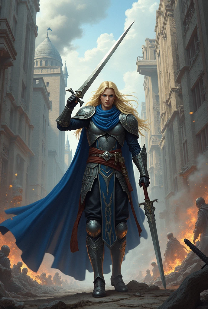 Magic powers going back in time realistic landscape swordsman with blue eyes and blond hair who went back in time and the kingdom is being fallen...