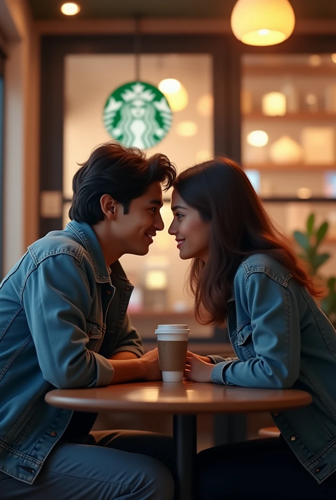 A 20 years old young indian boy with medium long hair wearing denim jacket and seating with his 20 years old young girlfriend with long hair who's wearing blue jacket and both are seating in a starbucks coffee shop.