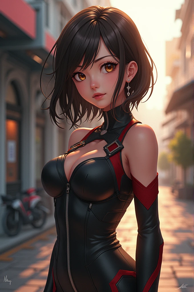 brunette girl, with bangs, mid-length hair, Brown eyes, with a model body, very beautiful, cute, , My hero academy