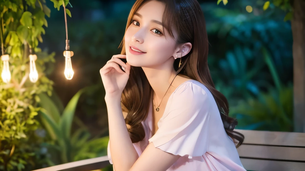 Highest quality、High resolution、8k wallpaper、Dense and beautiful eye-glue hair、(Beautiful breasts:1.3)、Natural color lip、2 woman、Brown Hair、smile、Semi-long hair、Hair tied up、Wearing a necklace and earrings、Wearing a light pink blouse、night、garden、bench、Sitting、Hugging a man、The man buries his face in the woman&#39;s chest