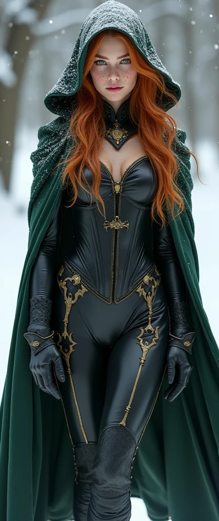 Young Triss merigold is wearing black latex wizard suit with a dark green cape and with golden details her ginger hair is covered in snow she has big and ass her suit is covered in snow she has freckles and green eyes she is wearing a tight dark corset she is wearing latex gloves her torso is slim and her ass and are fit she is wearing latex black thigh high boots