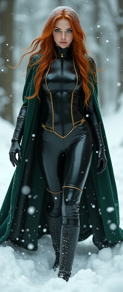 Young Triss merigold is wearing black latex wizard suit with a dark green cape and with golden details her ginger hair is covered in snow she has big and ass her suit is covered in snow she has freckles and green eyes she is wearing a tight dark corset she is wearing latex gloves her torso is slim and her ass and are fit she is wearing latex black thigh high boots