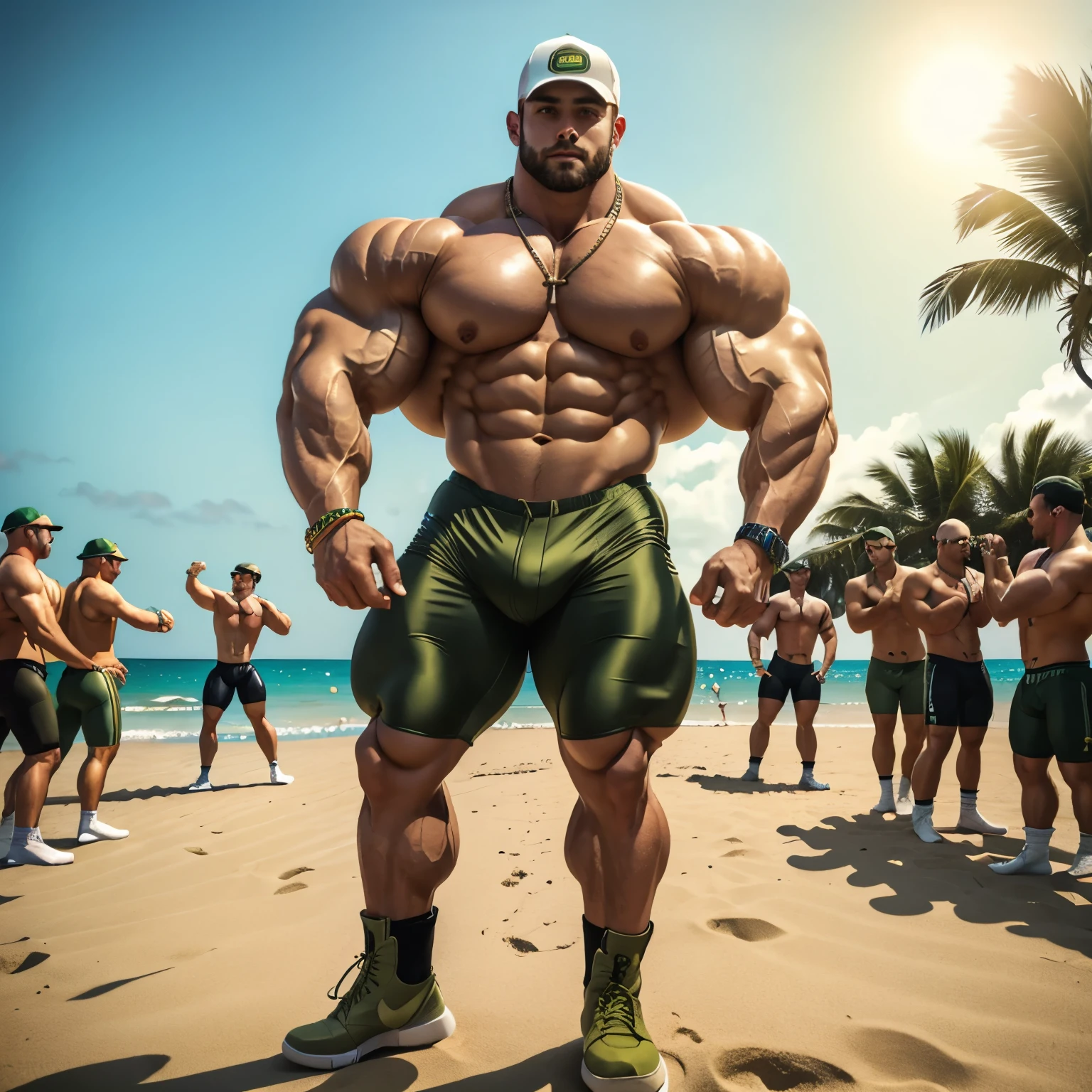 full view full body, 2 buzzcut white bodybuilder over-muscular men, wearing olive-green lycra cyclist shorts, golden rings, necklaces, bracelets, white long pulled-up 'OverPed' logo socks, olive-green steel cap toe low-boots, dancing at a beach party in Miami, at dusk, with many guys in various different outfits dancing around, drinking beers, large view on beach