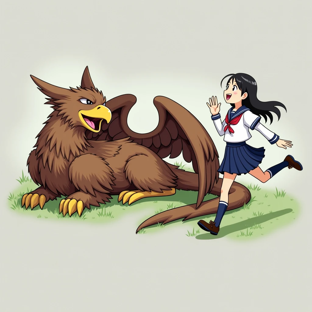 A collared griffin and a high school girl, A griffin sleeping comfortably with its wings folded, The girl is wearing a uniform and runs up to the griffin, waving and smiling.,