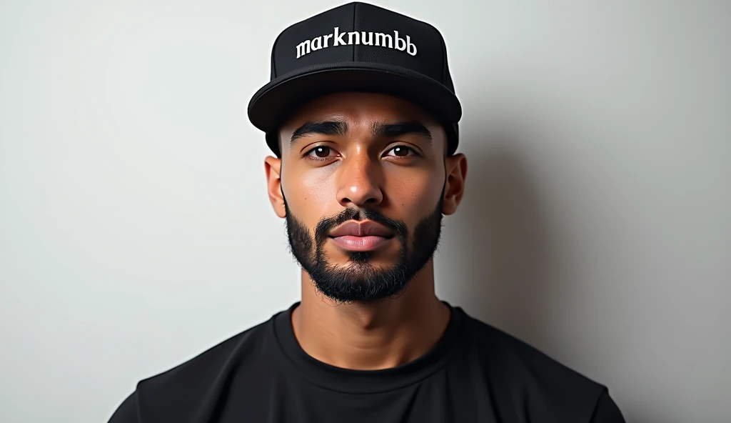 Create a social media profile photo for A young man with a beard and black basketball hat with the logo "Mark Numhb " with Facebook icon,Twitter icon ,Instagram icon ,twitter icon and tiktok icon where the person completes the design and puts them Vectors, Vector T-shirts, Vector Cups, Vector sticker,Vector Caps and Vector Hoodies Sell online