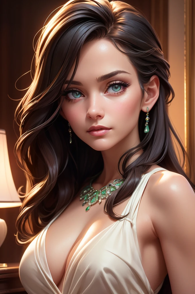 beautiful detailed eyes, beautiful detailed lips, extremely detailed eyes and face, long eyelashes,70 years old woman,  woman, beautiful woman, long black waist-length hair, large green eyes, large breasts, nude, standing next to bed, (best quality,4k,8k,highres,masterpiece:1.2),ultra-detailed,(realistic,photorealistic,photo-realistic:1.37),portrait,realism,warm colors,dramatic lighting