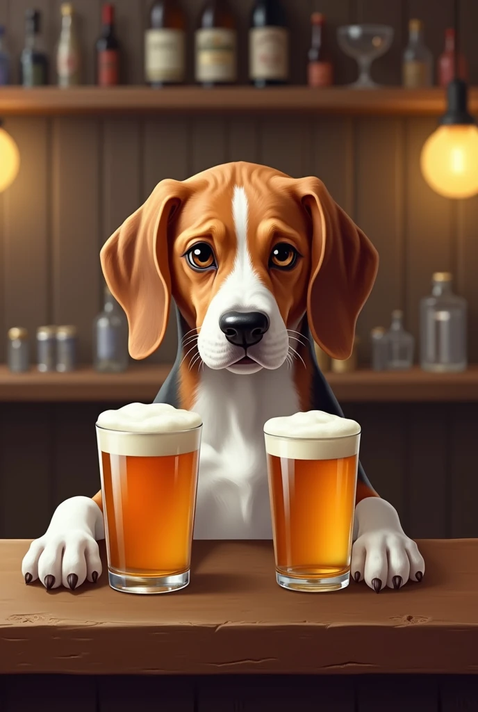 chien beagle qui s’accoude à une coutoire d’un bar et qui demande 2 bières
