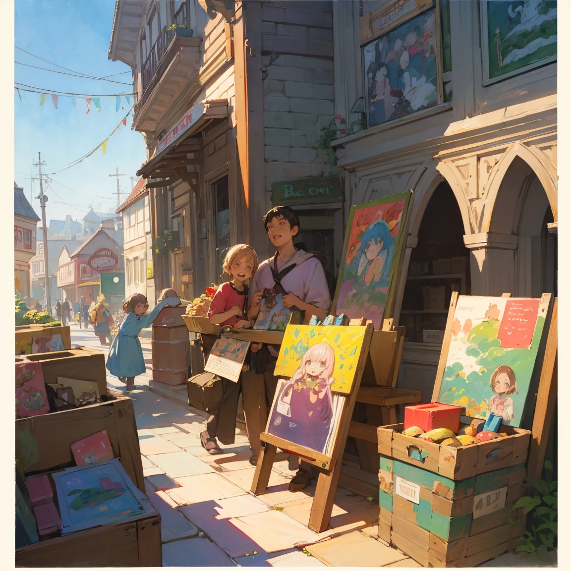 Illustrations for children's picture books,realistic, detailed illustration,In the town, people of various ages are eating magical lunch boxes. The expressions of those who have eaten become brighter, and they appear to be bouncing around as if their bodies have become lighter., hand-painted style, digital art touch,(illustration:1.5), (Watercolor:1,2)
