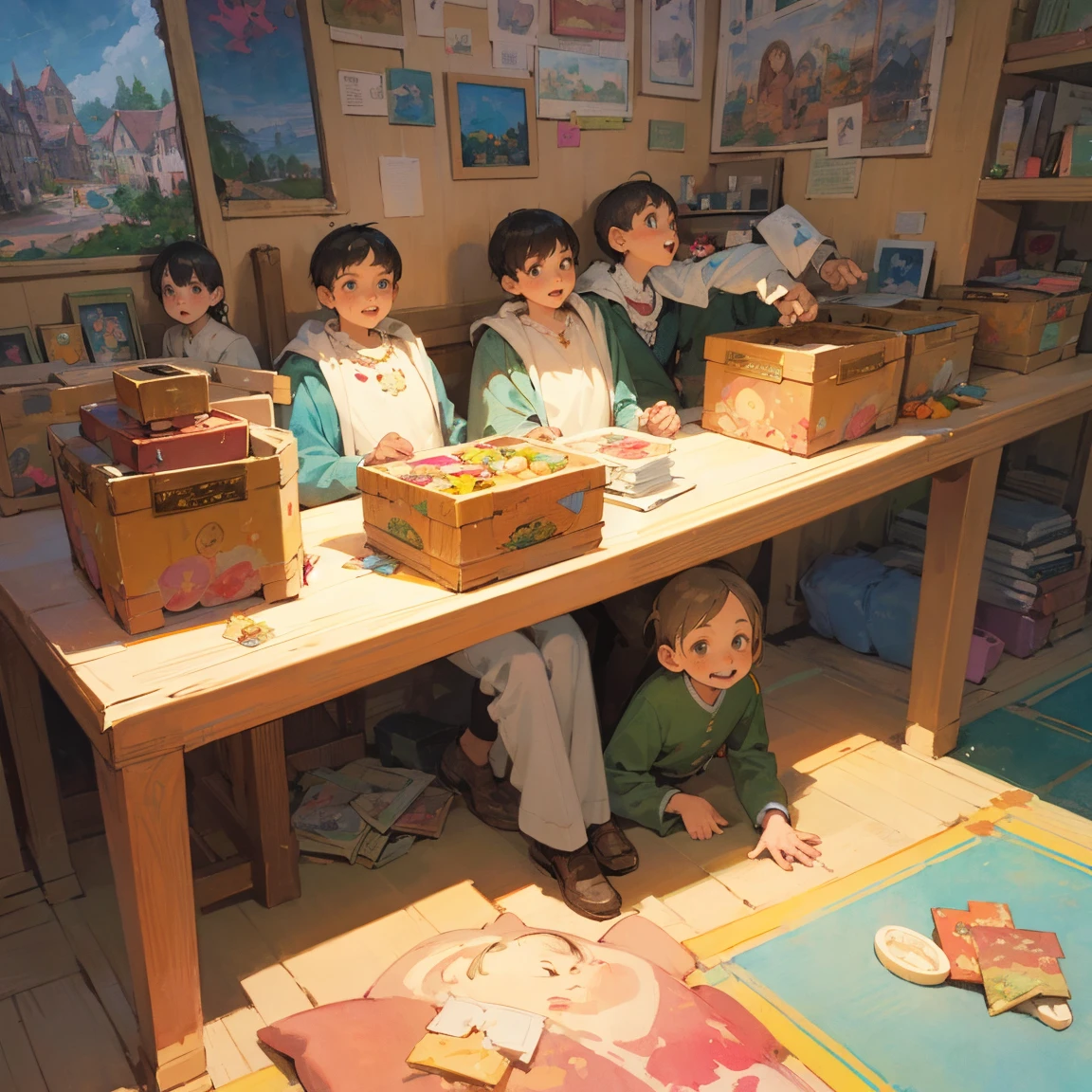 Illustrations for children's picture books,realistic, detailed illustration,In the town, people of various ages are eating magical lunch boxes. The expressions of those who have eaten become brighter, and they appear to be bouncing around as if their bodies have become lighter., hand-painted style, digital art touch,(illustration:1.5), (Watercolor:1,2)