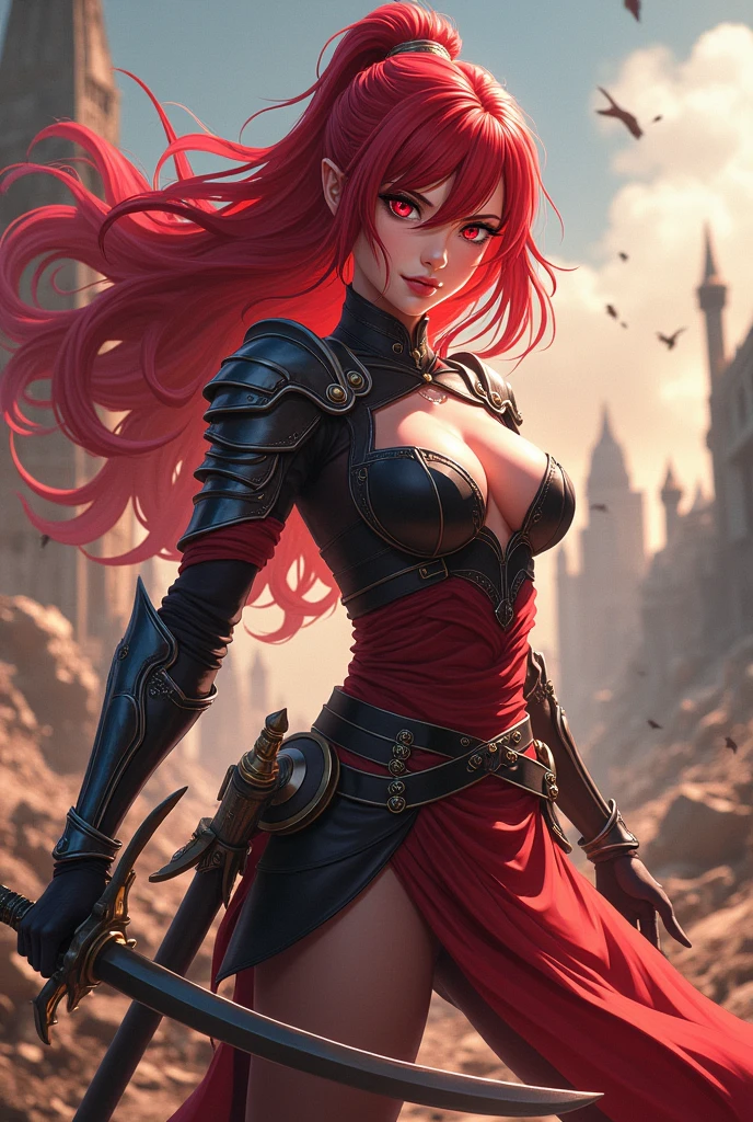 She is pointed to be beautiful with long red hair, red eyes and nice figure. She also has swords around her waist on both the left and right sides.

At the end of the Decisive Battle Chapter, she has streaks of white in her hair due to mana strain. Do it anime style