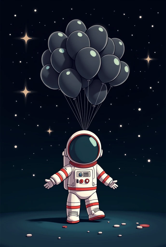 Creat a cartoonish wallpaper that has a white and in middle there is a astronaut and around him is black dots of star also he is holding a lot of black balloons that is surrounding him 