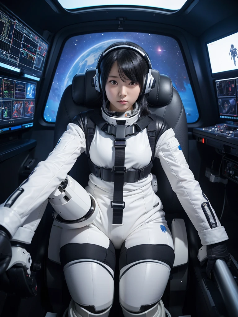 Japanese female android,Black Hair,Space station cockpit,Secured to the seat with a thick harness,Wearing a headset,Plump,Slightly thicker,Spread your legs,Squat,White robot suit,Robotic arms and legs,Surrounded by switches and monitors,