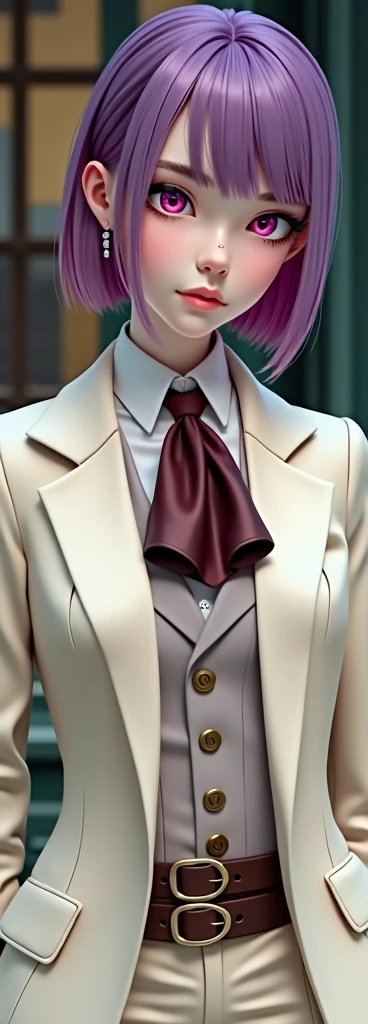 Age 20-25, female, pale skin, purple hair, medium length, magenta eyes. wear an off-white suit adorned with a mahogany cravat. inside have a light warm gray vest, a dark brown belt with two circular gold buckles, and a white dress shirt under the suit jacket. dark brown dress shoes.