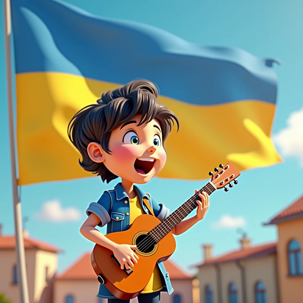 the animated character plays the guitar and sings. the Ukrainian flag flies in the background