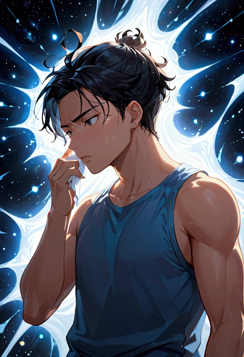 /imagine prompt: A young man wiping sweat, facing a massive black algorithm model with a mysterious glow and immense power, ,32k, best quality, masterpiece, super detail, high details, by Makoto Shinkai ,in the style of the stars art group xing xing, --niji 5"