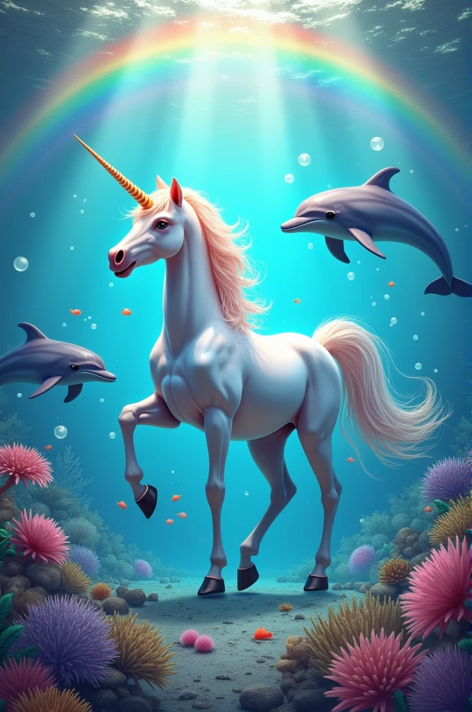 Unicorn with dolphins in the sea, rainbow and colors