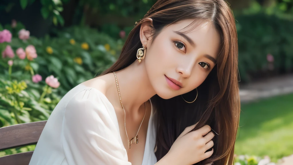Highest quality、High resolution、8k wallpaper、Dense and beautiful eye-glue hair、(Beautiful breasts:1.3)、Natural color lip、2 woman、Brown Hair、smile、Semi-long hair、Hair tied up、Wearing a necklace and earrings、Wearing a light pink blouse、night、garden、bench、Sitting、Hugging a man、The man buries his face in the woman's chest
