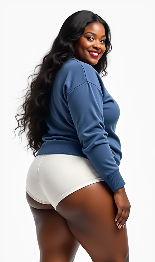 (masterpiece, best quality)), ((((perfect anatomy)))), Heavyset black woman with long black hair, dark eyeshadow, dark red lipstick, blue sweater, (((big white cotton panties))), big booty, smiling, (((photo realistic))), ((80's film, 80's movie scene, 80's TV Style))