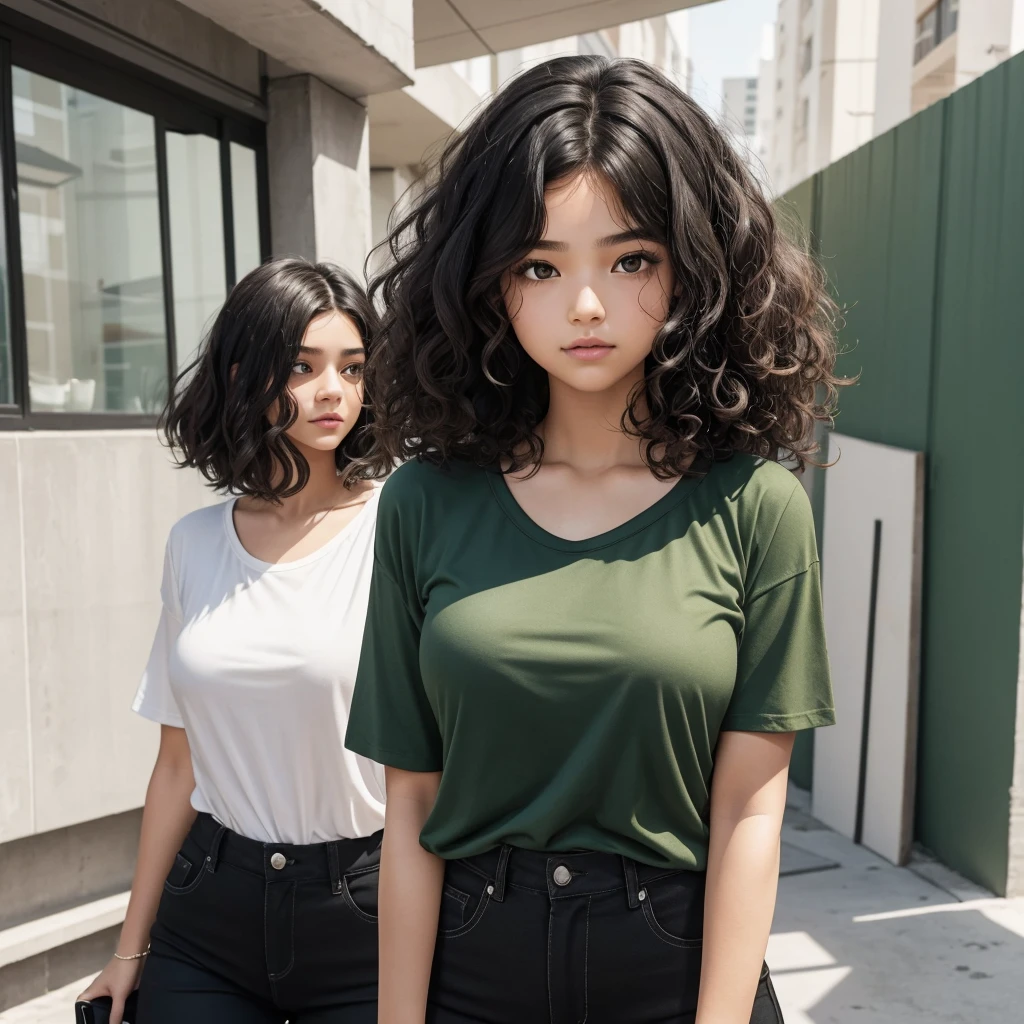 Here is the description of the girl:
A young girl with thick hair falling in curls to her shoulders. Her hairstyle has a structured haircut in several layers, which emphasizes natural curls and adds volume. She is wearing a dark green t-shirt that fits her figure, emphasizing her fragility. She is wearing black straight-cut pants that harmoniously complement the image. Her style is simple, yet stylish, with an emphasis on natural beauty and comfort.