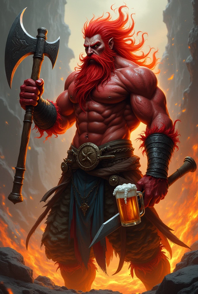 A fire Genasi male, hair red, muscular build, red skin, a dark red bushy beard, a shirt no sleeves. A battle axe in one hand and a mug of ale in the other