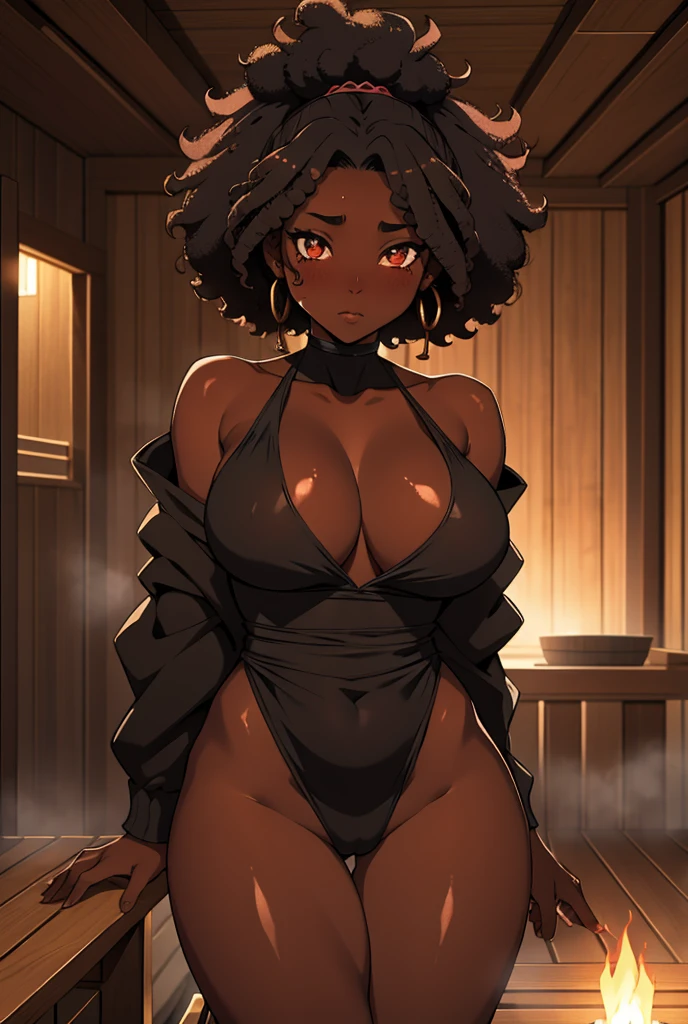 1 , 独奏, African ancestry, dark afro hair, breasts big, eyes covered by hair, sauna, in this, no clothing, blushed