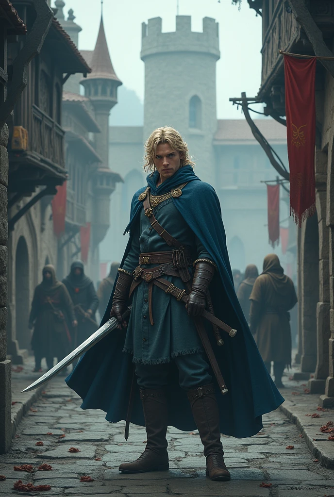 Magic powers going back in time realistic landscape swordsman with blue eyes and blond hair who went back in time and the kingdom is sad...