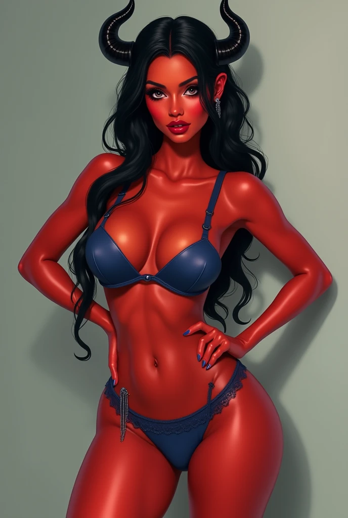 A red skinned demon pin up girl with black horns wearing elegant blue lingerie
