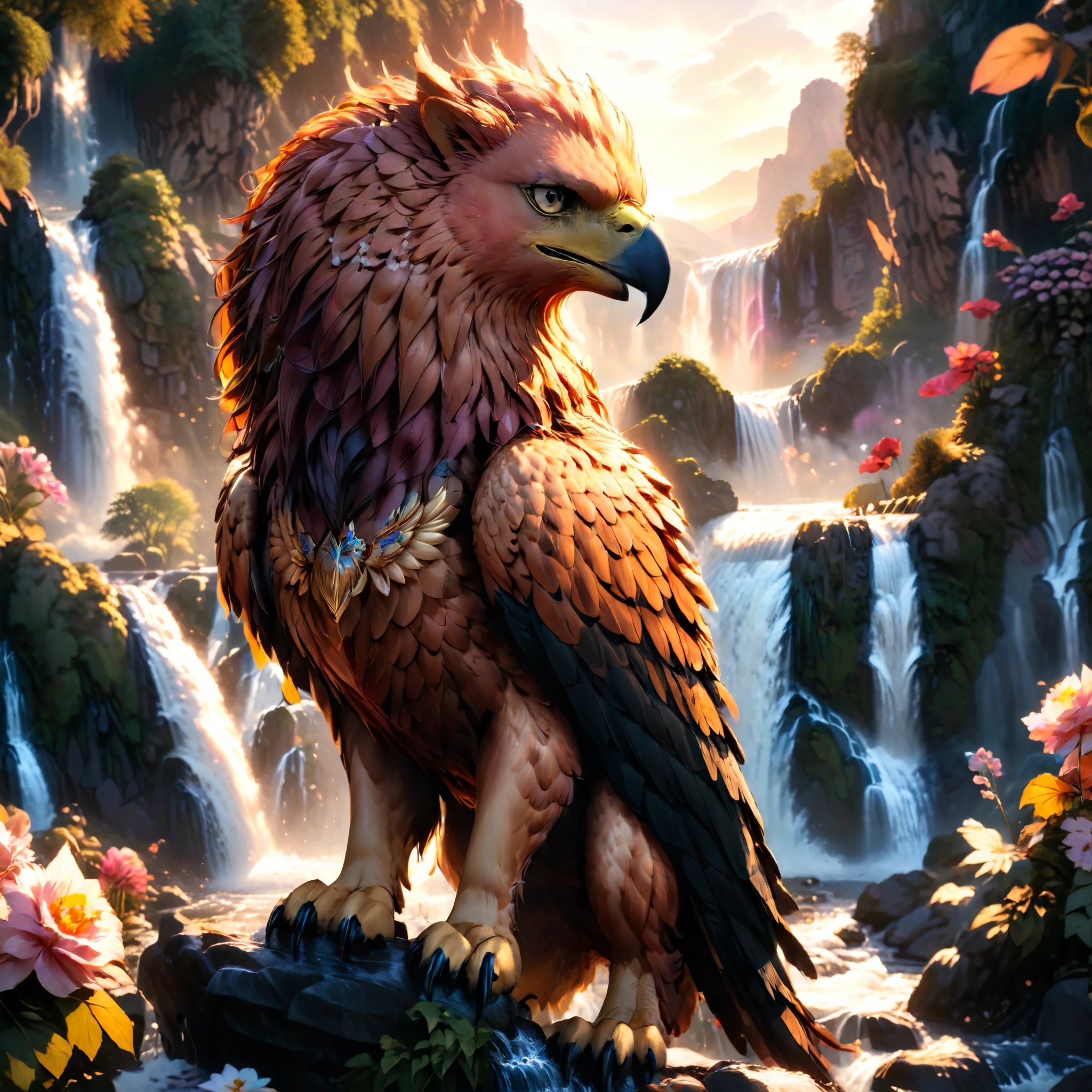  a griffin, perfect anatomy, flower, waterfall, sunset, cinematic lighting, 8k , ultra-detailed, harmonious colors, ARW, masterpiece, perfect proporiton