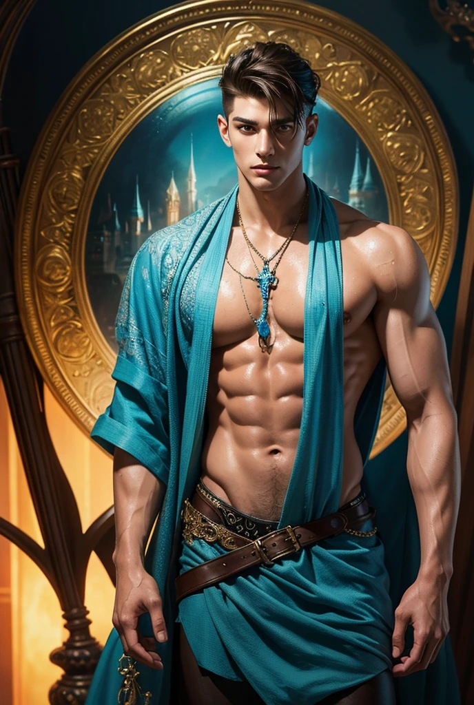 masterpiece, best quality, high quality, a tall muscular handsome young man, solo, perfect facial features, (short hairstyle:1.5), beautiful, gorgeous, wet, digital painting, Fantasy, Fine Art, Digital Art, Magical, Mystical, Ethereal, Unique Style, Highly Textured, Intricate Details, Vibrant Colors, absurdres, Dynamic Pose, Vigilant Stance, Fantasy Art, mythical creatures, Magic, Surreal, Symbolic, divine tattoos, (sexy gaze), looking at the viewers romantically,