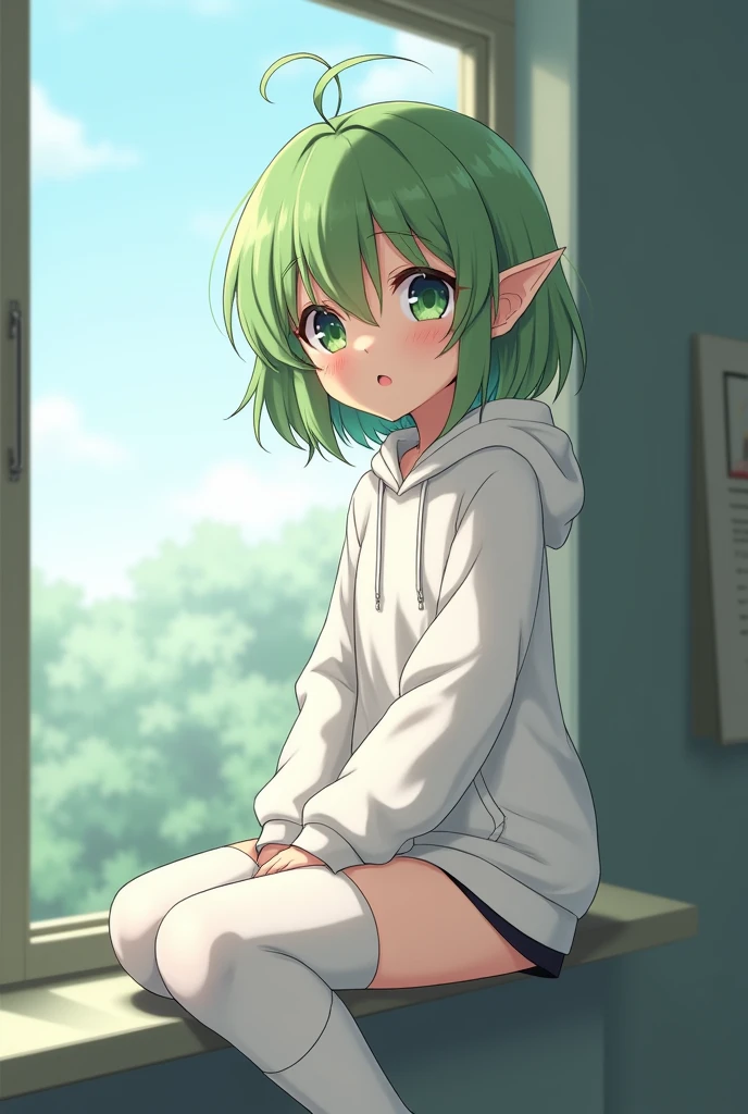 Tall anime attractive slim girl with short green fluffy hair with darker complexion with chubby cheeks with white hoodie and white long pants with white knee-high sock with earrings in ears sitting on the windowsill at school with medium boobs with elf ears with green eyes