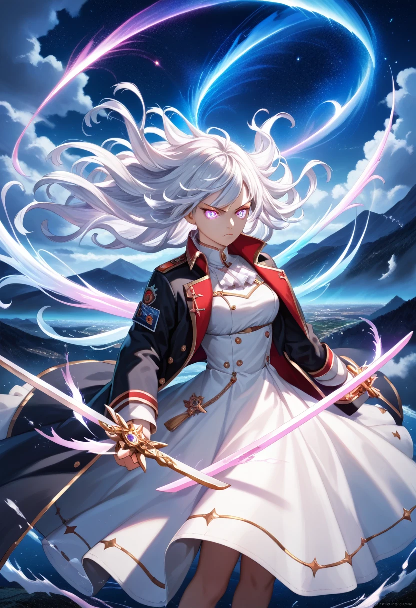 anime-style girl, long flowing white hair, military-style black coat, white dress, holding glowing swords, dual swords, glowing light, determined expression, focused gaze, wind-blown hair, dramatic landscape, starry night sky, vibrant rainbows, arcing rainbows, majestic mountains, vast body of water, mystical atmosphere, powerful aura, celestial backdrop, soft light on face, detailed facial features, luminous eyes, artistic depth, emotional resonanc, (masterpiece, Highest quality, Very detailed, Ultra-high resolution:1.2, 16K, High Contrast), SuperQuality