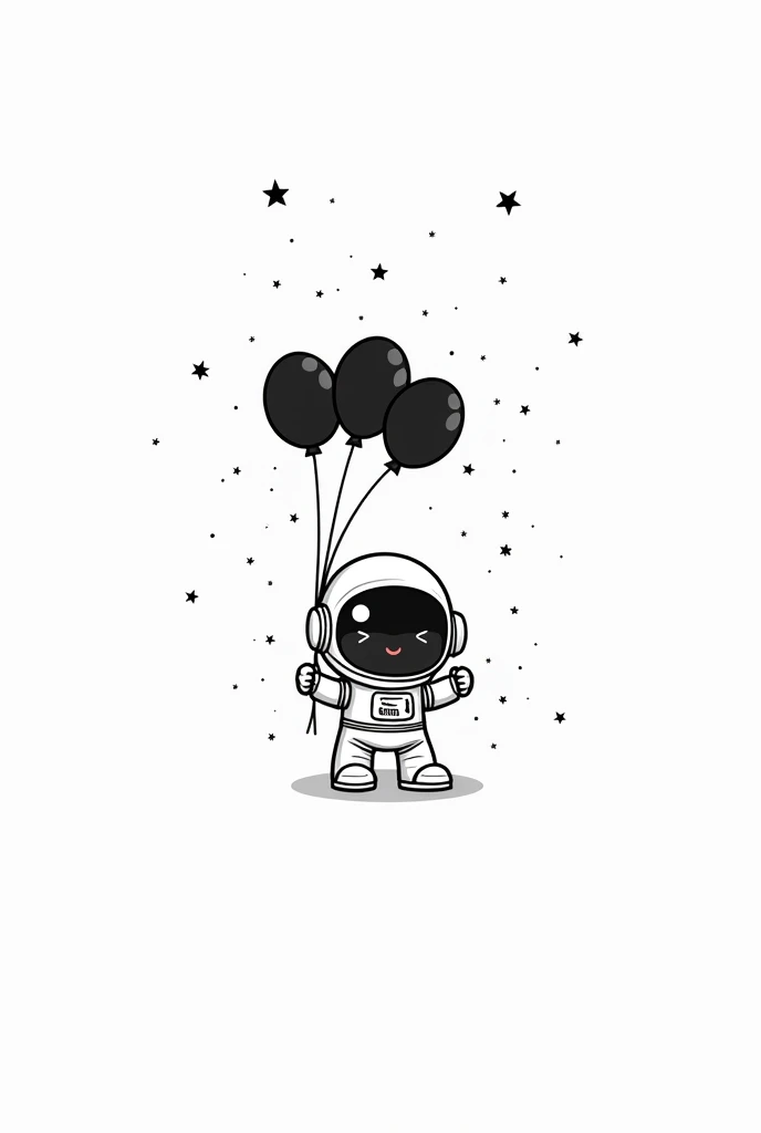 Creat a cartoonish wallpaper that has a white background and in middle there is a astronaut and around him is black dots of star also he is holding a lot of black balloons that is surrounding him 