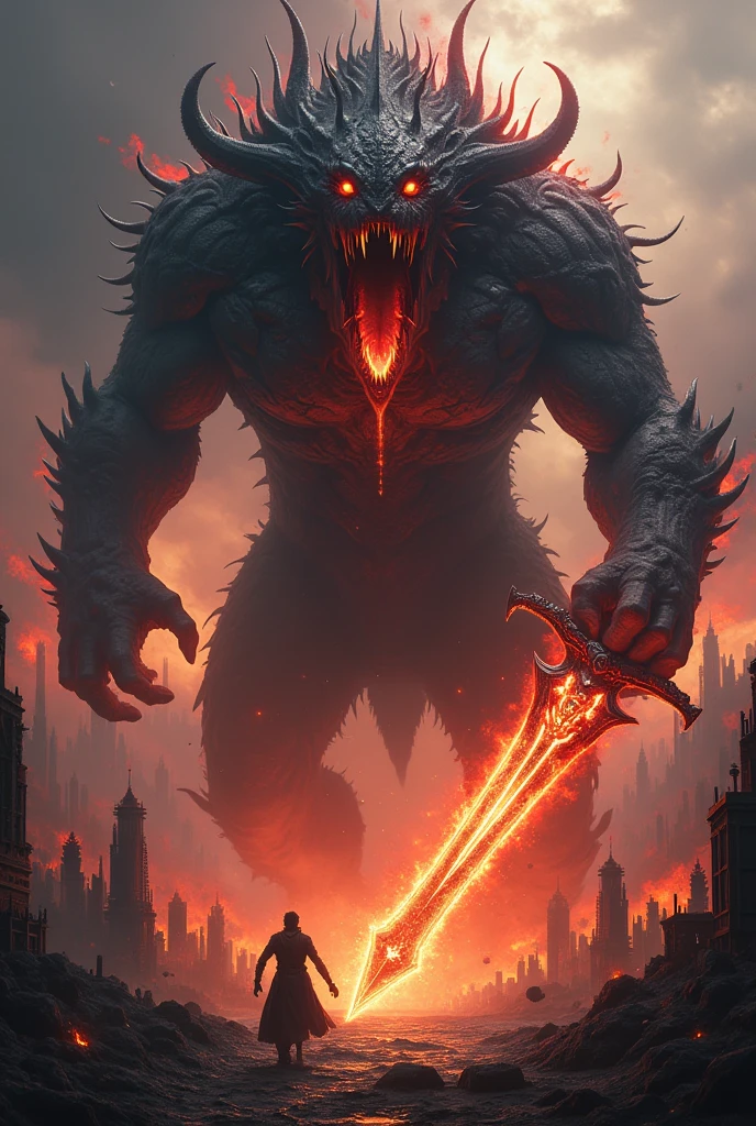 Huge creature, with a black and red city background, with flames in the mouth, flaming red eyes, and a sword in his hand