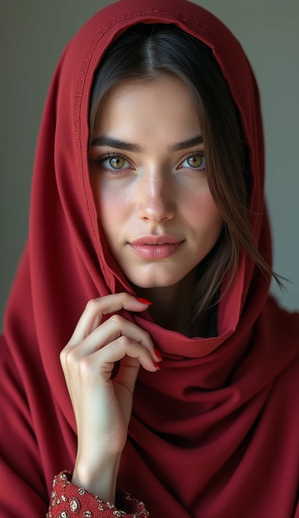 (photorealism 1:1), Beautiful Muslimah with beautiful hijab and Abaya, very beautiful Muslim female, very detailed fingers, beauty red nails, high definition, HDR