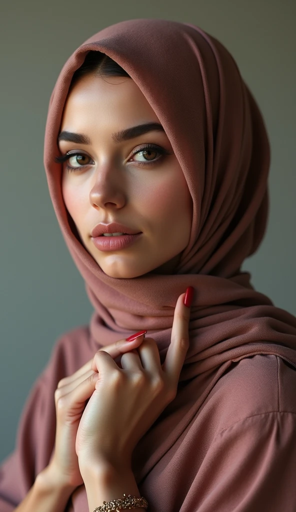 (photorealism 1:1), Beautiful Muslimah with beautiful hijab and Abaya, very beautiful Muslim female, very detailed fingers, beauty red nails, high definition, HDR