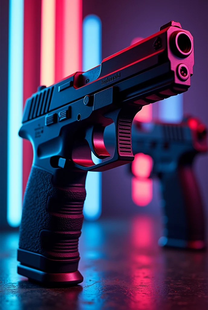 Two pictures, one with light background one with dark background, in the foreground a sig sauer p226, neon style, neon lights, weapon from the side, realisti, masterpiece,