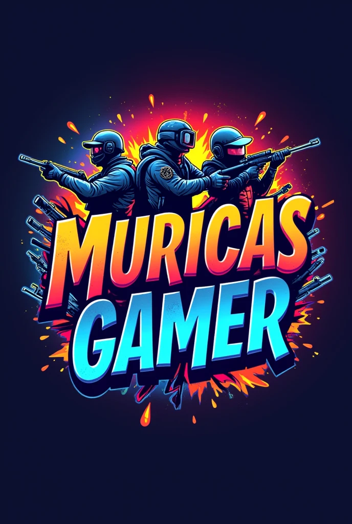 A vibrant and colorful logo of the text &#39;MURIÇOCASGAMER&#39;. The text must be bold and dynamic, with fun typography. Surround the text with elements related to FPS games, as weapons, pubg, and explosions. Use a lively color palette with bright colors, saturated colors to give a festive and energetic feel. The background should have subtle gradients or abstract patterns that complement the main design., making the whole composition eye-catching and fun.
