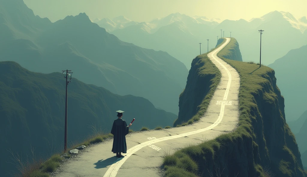 "Graduate with no career trajectory"
A graduate holding a diploma, standing on a road that ends abruptly into a cliff labeled "No Growth," while other paths to the side, marked "Skills" and "Experience," continue forward.