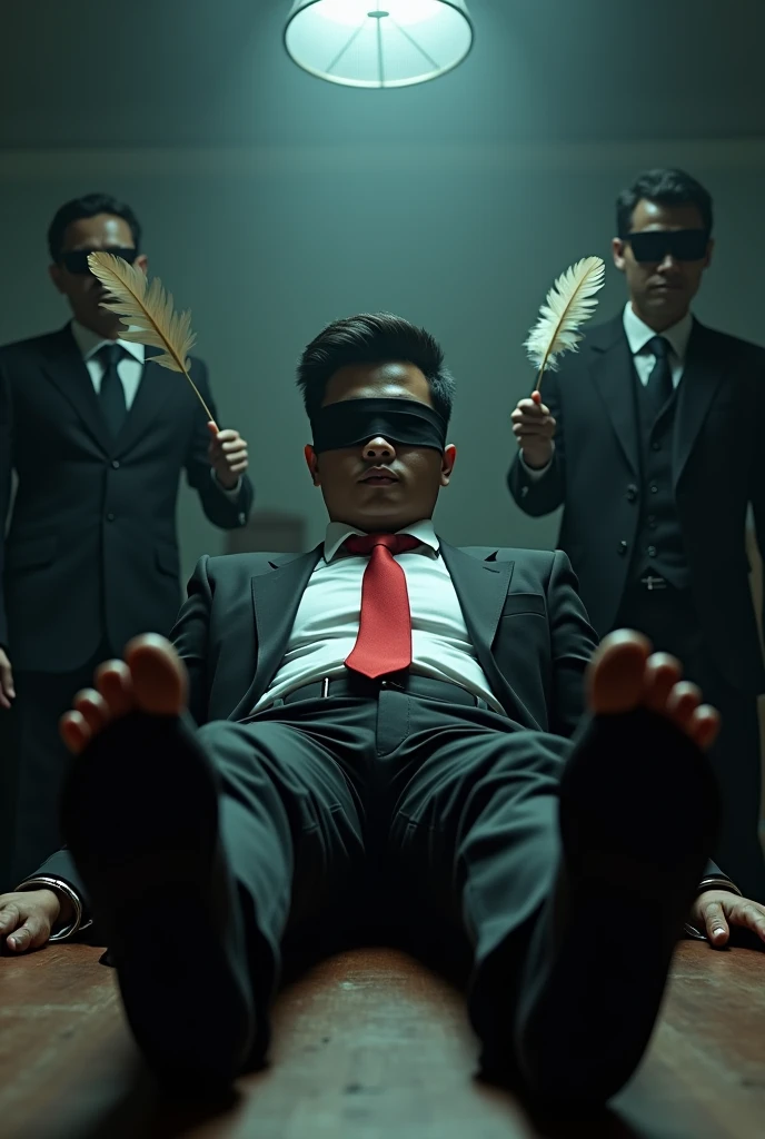 Malaysia malay handsome 23years lawyer
His handcuff in warehouse
Blindfolded
Black Suit and Red tie
feet on desk
shoes on desk
5 toes each feet
Black socks
2 evil mafia tickling his feet using feather
He laugh very hard