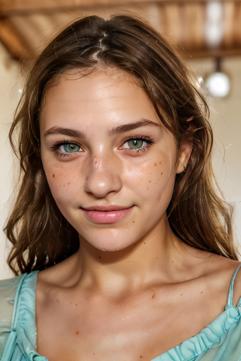 a close up photo of a 18 years brownhair girl, Amiller, green eyes, blue dress, beautiful face, pard skin, mediun breast , posing, close up, taking a selfie, make up, smile, detailed facial features, textured skin, realistic, detailed, (wrinkles, blemishes, folds, moles, viens, pores, skin imperfections:1.1), highly detailed glossy eyes, specular lighting, dslr, ultra quality