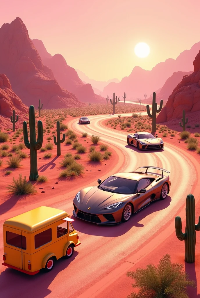 Create a twisty racing track with fashionable cars in the Mexican desert, they are driving forward in the background, the background of mountains, cacti. There is a playground in the foreground. Everything is in golden pink tones. On the front of that picture stays yellow food truck