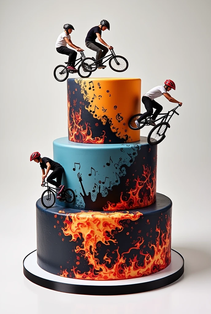 three-tier tilted cake:  Floor 1: with images of fire and musical notes, floor 2: musical notes and electric guitar: floor 3: Young BMX stunts, black colors, White and red
