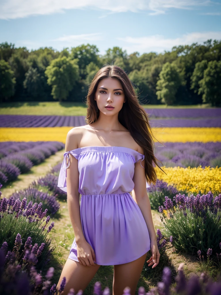 beautiful naked, full body, sitting in a Danny lion flower fields, on the hill in nature