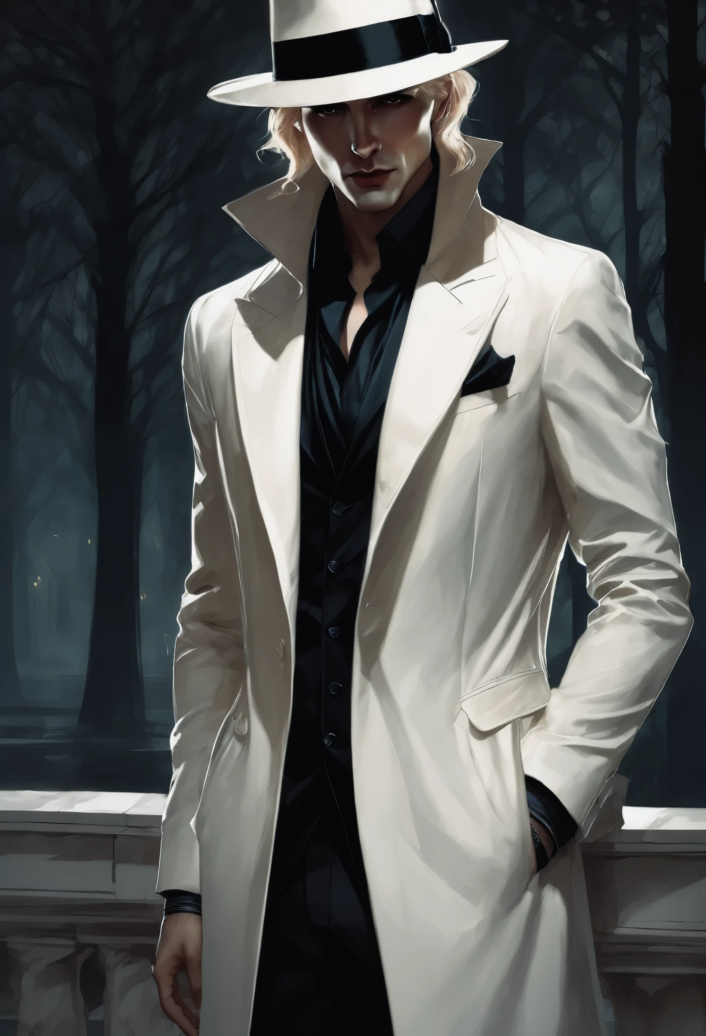 (good quality), (many details), (masterpiece), Charlie Bowater style, Vampire at night in the park, Gloomy aura, Shadows gather behind him, fedora, blond hair, angular face, suit, Schattenbeschwörer, lasombra 