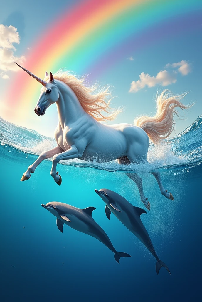 Unicorn flying with dolphins in the sea, rainbow and colors