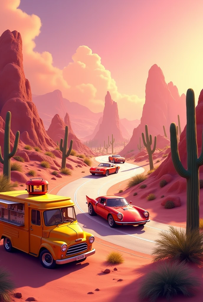 Create a twisty racing track with fashionable cars in the Mexican desert, they are driving forward in the background, the background of mountains, cacti. There is a playground in the foreground. Everything is in golden pink tones. On the front of that picture stays yellow food truck