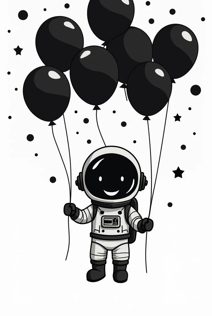 Creat a cartoonish wallpaper that has a white background and in middle there is a astronaut and around him is black dots of star also he is holding a lot of black balloons that is surrounding him . Black to white ratio is 7:3 .