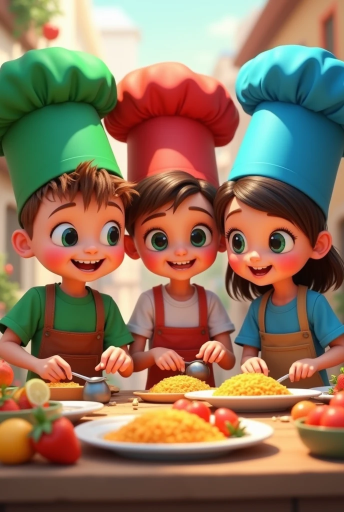 THREE LITTLE COOKING BOYS AND GIRLS WITH GREEN, RED AND BLUE CAPS WITHOUT BACKGROUND PIXAR EFFECT WITH TITLE PRODUCTIVE GASTRONOMIC FAIR