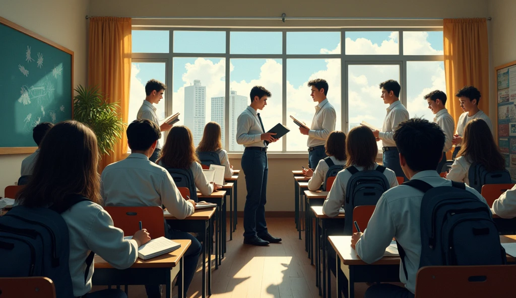 "Traditional education failing to keep up with new industries"
A traditional classroom filled with students using outdated textbooks, while outside the window, professionals are working in tech jobs like AI and data science, showing the gap between education and industry.